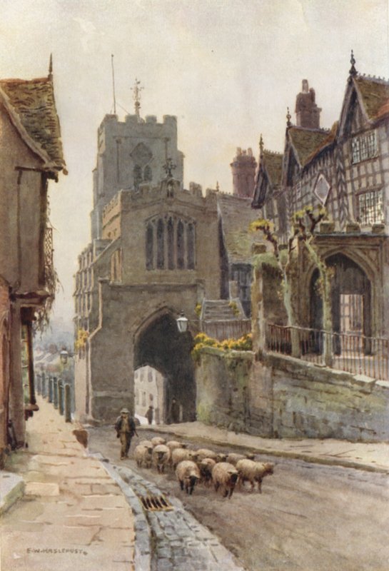 West Gate, Warwick (lito colorido) de Ernest William Haslehust