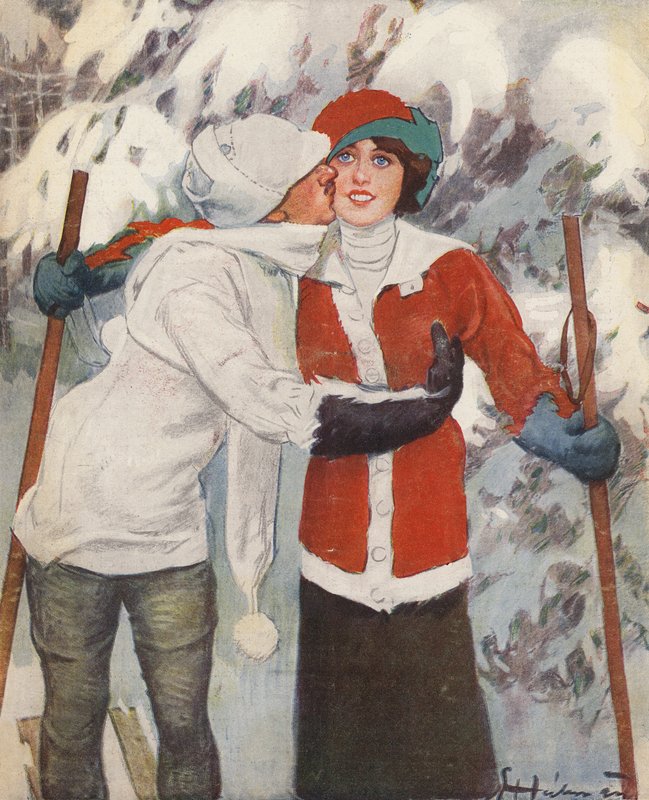 Casal esquiando no inverno (lito colorido) de Ernst (after) Heilemann