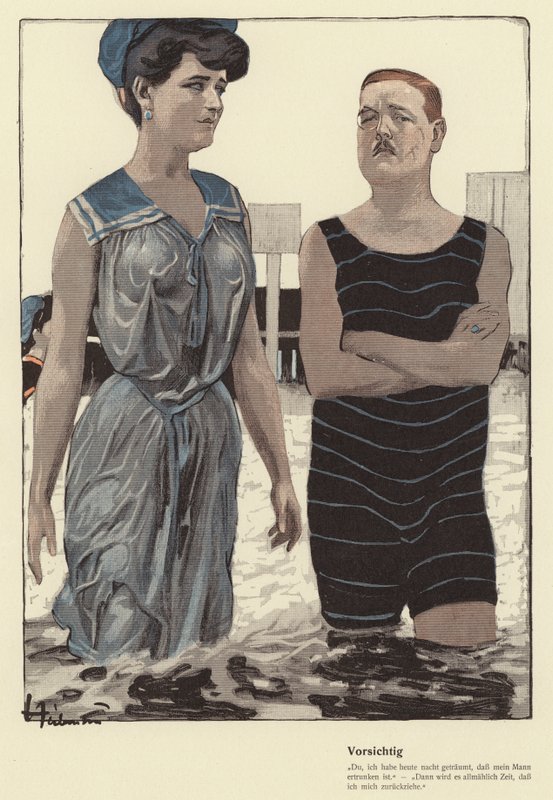 Homem e sua amante casada tomando banho (lito colorido) de Ernst (after) Heilemann