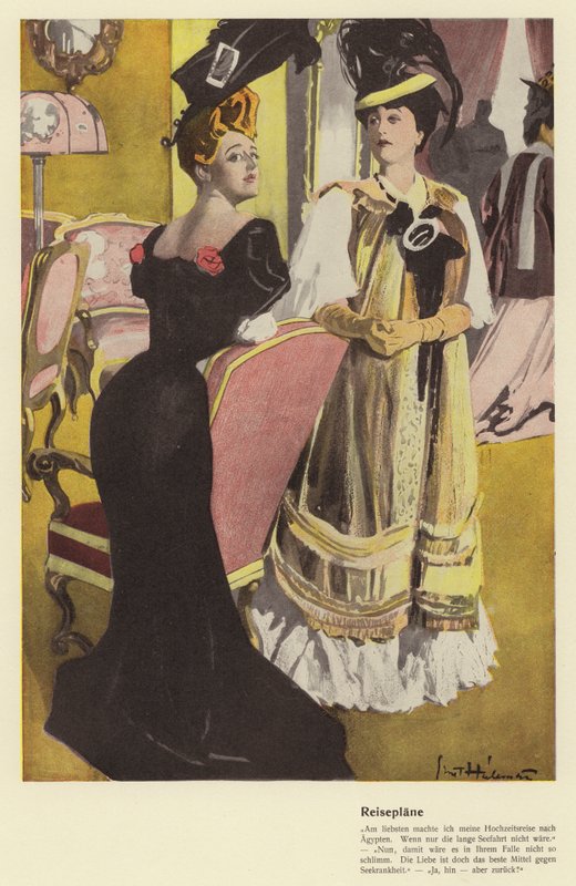 Duas mulheres discutindo planos de viagem de férias (lito colorido) de Ernst (after) Heilemann