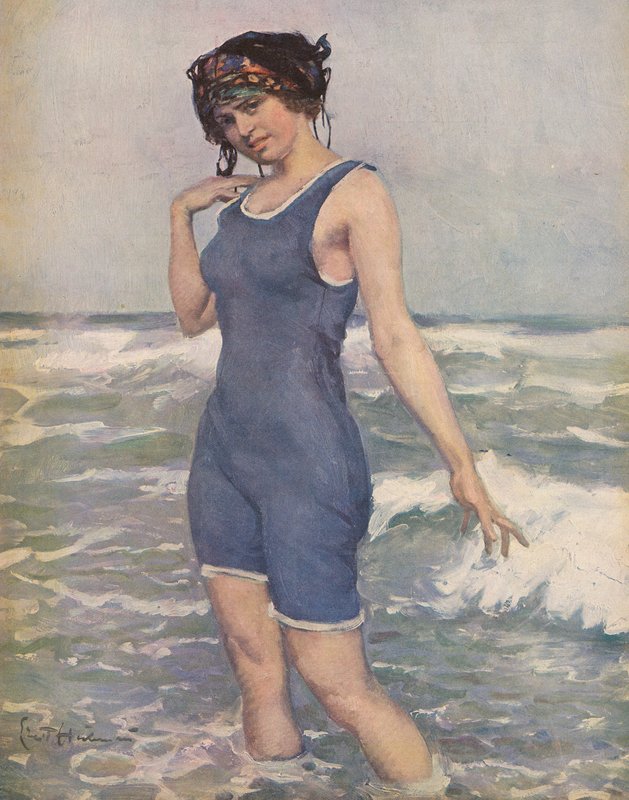 Mulher tomando banho no mar (lito colorido) de Ernst (after) Heilemann