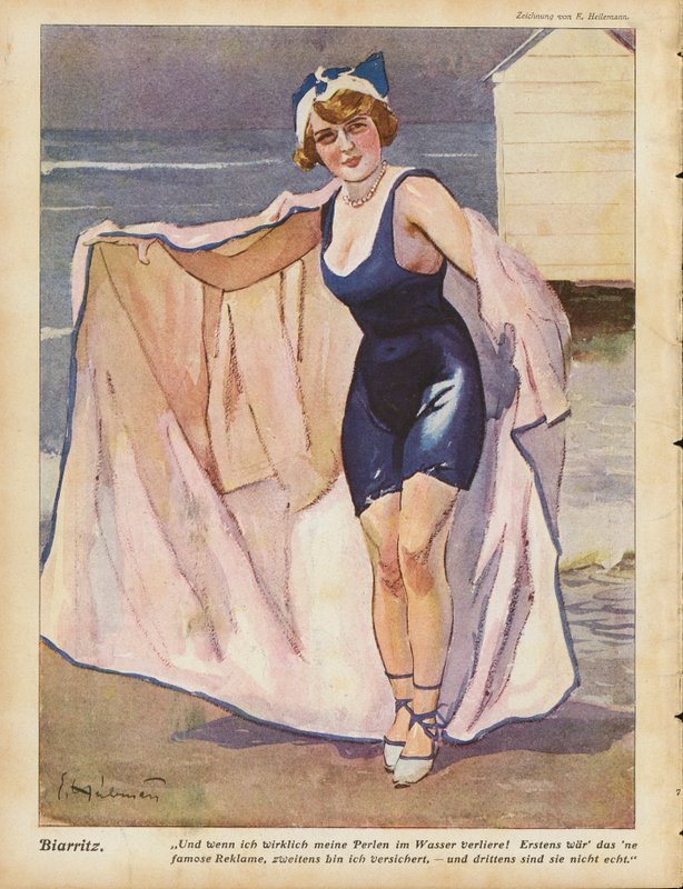 Mulher na praia de Biarritz (lito a cores) de Ernst (after) Heilemann