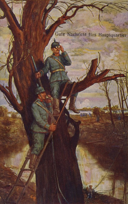 Boas notícias para a sede, soldados alemães observando o campo de batalha e reportando-se à sede através de um telefone de campo, Primeira Guerra Mundial, 1915 de Ernst Heilemann