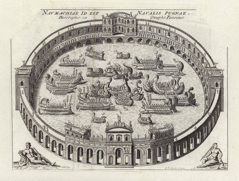 Batalha naval dentro de uma arena romana (gravura) de Etienne (after) Duperac