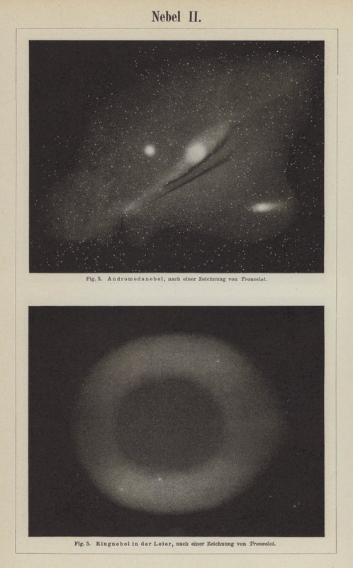 Vistas da Nebulosa de Andrómeda e da Nebulosa do Anel na constelação Lyra (gravura) de Étienne Léopold Trouvelot