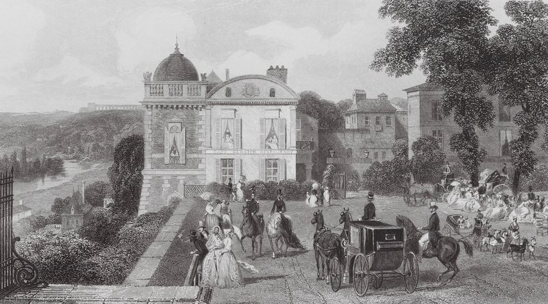 Saint Germain, O Café, Pavilhão de Henrique IV (gravura) de Eugene Louis (after) Lami