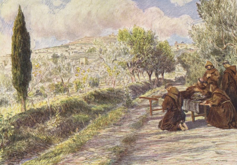 São Francisco abençoa a cidade de Assis (litografia a cores) de Eugene (after) Burnand