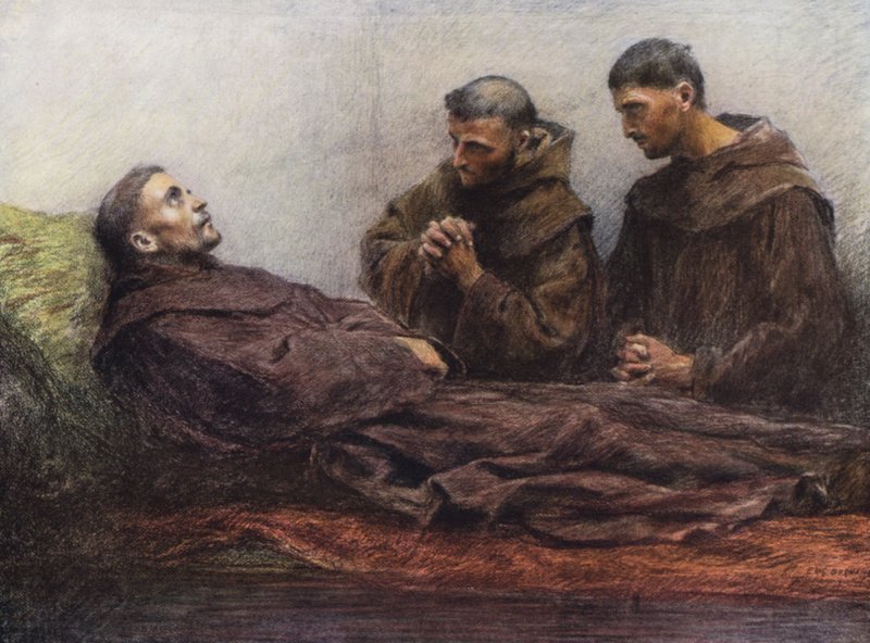 São Francisco doente no palácio episcopal de Assis (litografia a cores) de Eugene (after) Burnand