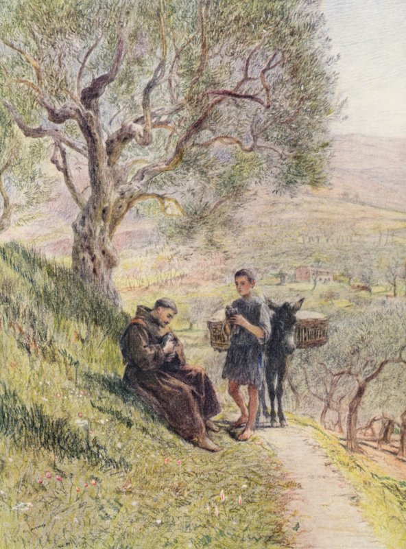 São Francisco domina as pombas-tartarugas selvagens (litografia a cores) de Eugene (after) Burnand