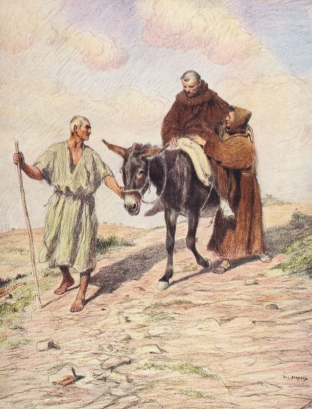 São Francisco descendo o Monte da Verna com Frei Leão após a impressão dos Santos Estigmas (litografia a cores) de Eugene (after) Burnand