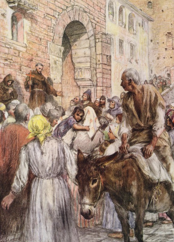 São Francisco pregando em Bolonha (litografia colorida) de Eugene (after) Burnand