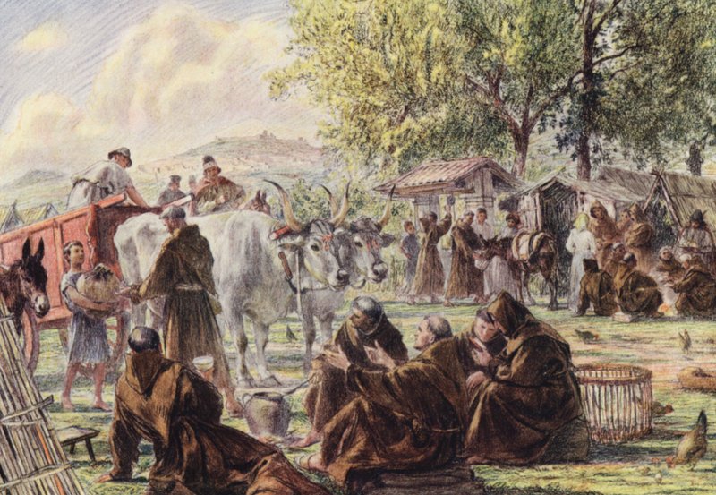 O Capítulo em Santa Maria dos Anjos, perto de Assis (litografia a cores) de Eugene (after) Burnand