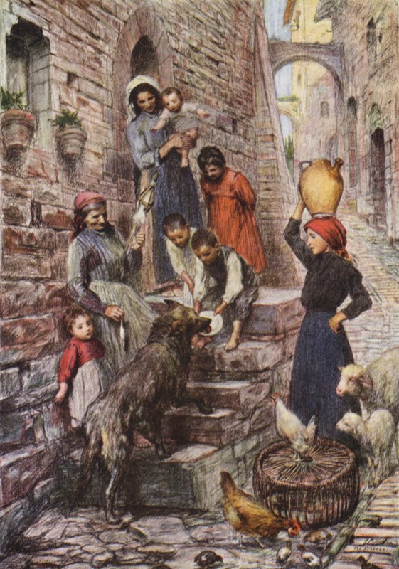 O Lobo de Gubbio depois da sua conversão (litografia a cores) de Eugene (after) Burnand