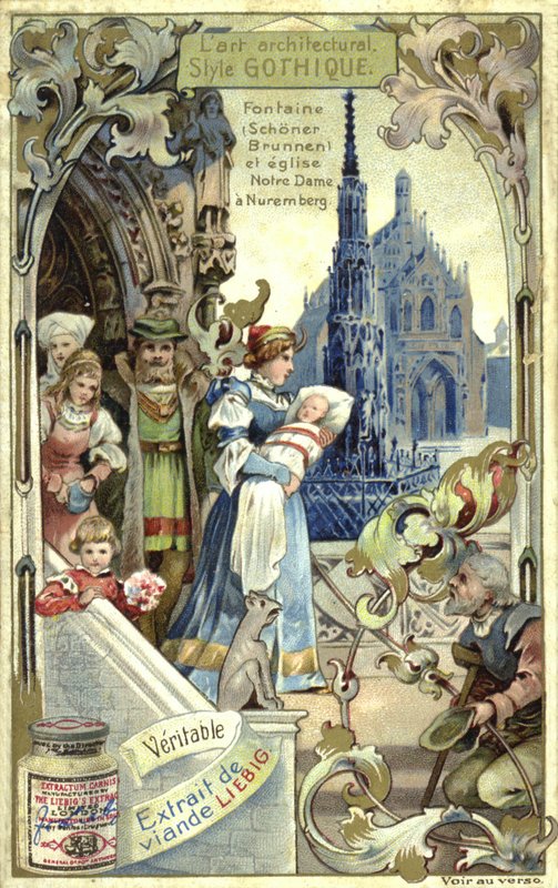 Arquitetura gótica; Fonte de Schoener Brunnen e Frauenkirche, Nuremberg (chromolitho) de European School