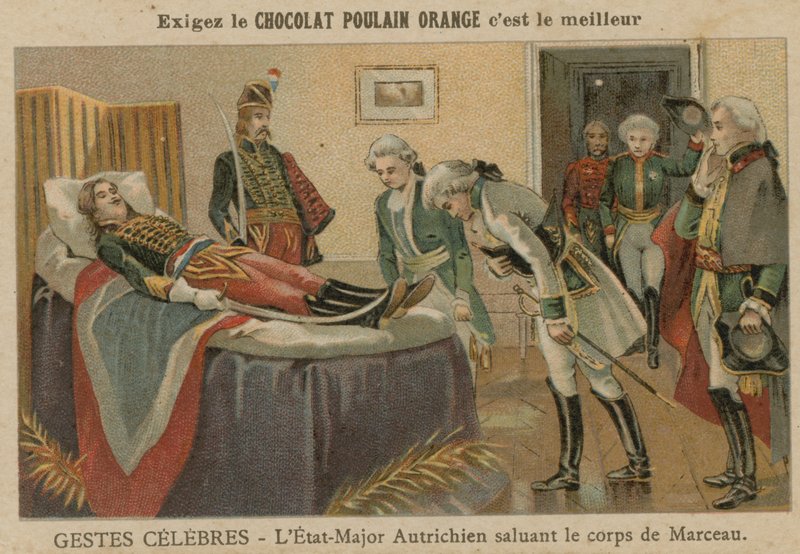 Oficiais da equipe austríaca saudando o corpo do general Marceau após sua morte em Altenkirchen, Alemanha, 1796 de European School