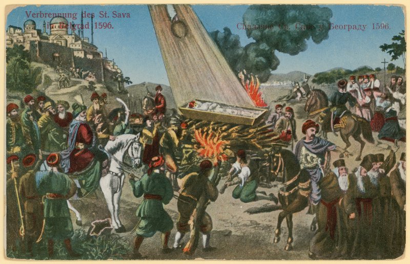 Turcos otomanos queimando os restos de São Sava em punição por uma revolta pelos sérvios, Belgrado, 1596 de European School
