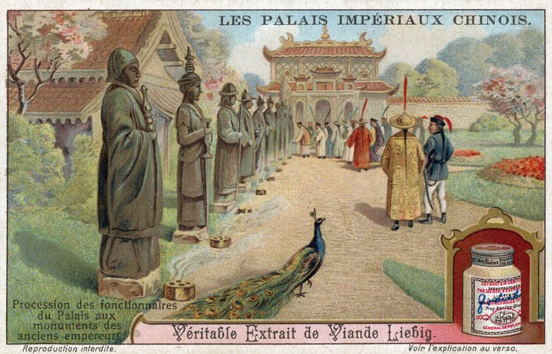 Funcionários do palácio visitando as estátuas dos antigos imperadores, China de European School