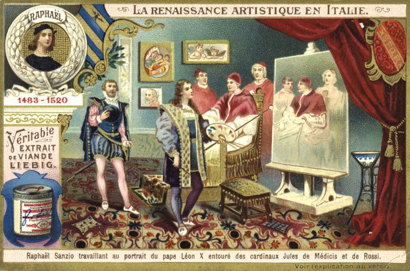 Raphael trabalhando em seu retrato do Papa Leão X com os cardeais Giulio de Medici e Luigi de Rossi de European School