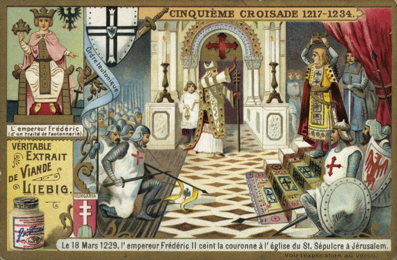 O Imperador Frederico II leva a coroa de Jerusalém na Igreja do Santo Sepulcro, Sexta Cruzada, 18 de março de 1229 de European School