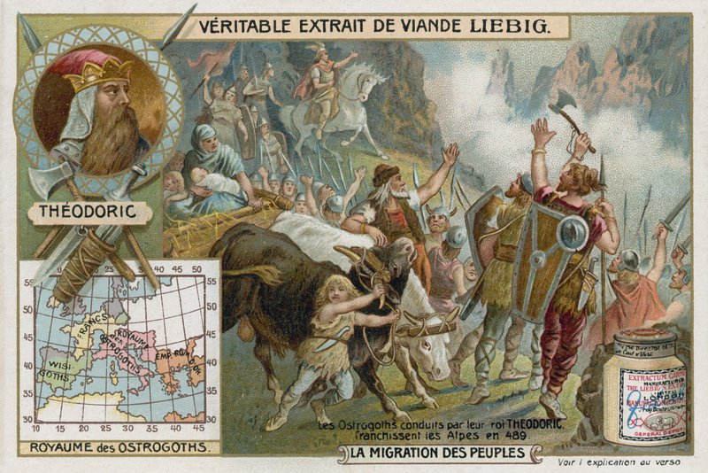 Os ostrogodos, liderados por seu rei Teodorico, cruzando os Alpes, 489 de European School