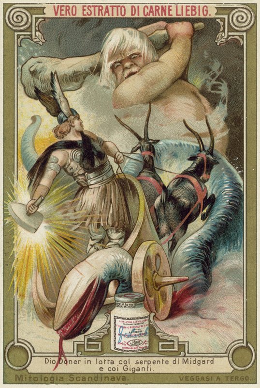 O deus Thor lutando contra a serpente Midgard e os gigantes de European School
