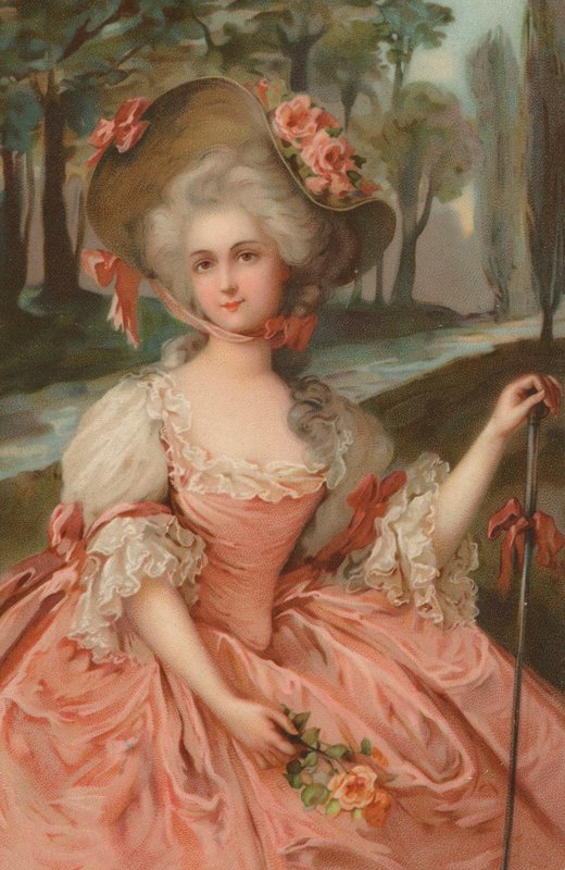 Mulher do século XVIII com um vestido cor-de-rosa (cromolitografia) de European School
