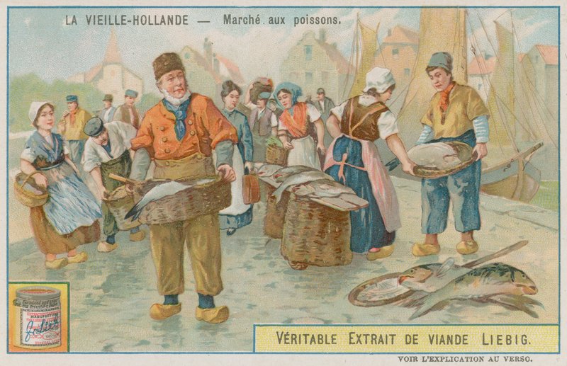 Um mercado de peixe na Holanda antiga de European School