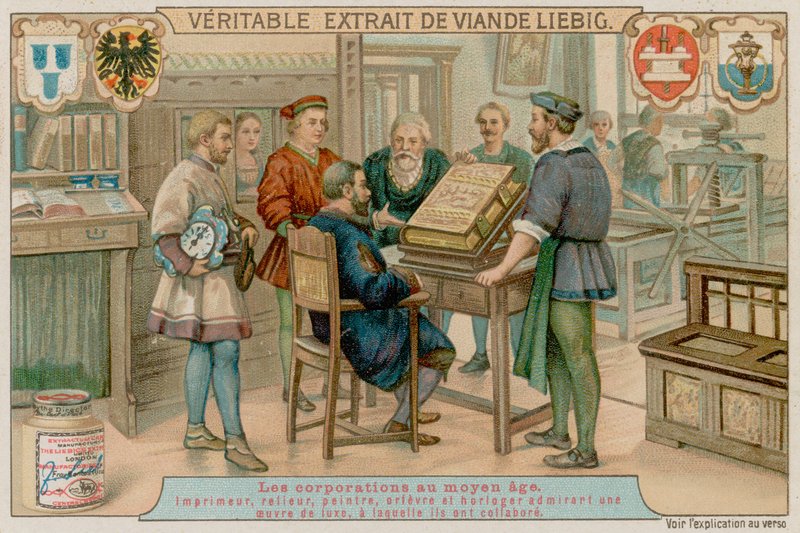 Uma impressora, encadernadora, pintora, ourives e relojoeira admiram um livro de luxo que trabalharam juntos de European School