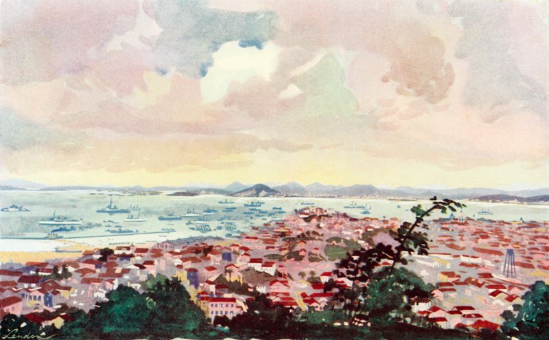 Uma vista do Rio e da baía mostrando o grande muro do cais dos Srs. Walker em construção e a área agora recuperada (litografia a cores) de European School