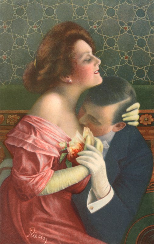Um casal a abraçar-se (litografia a cores) de European School