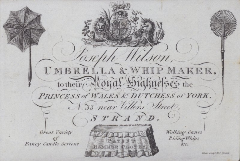 Anúncio para Joseph Wilson, guarda-chuva e chicoteador, Londres (gravura) de European School