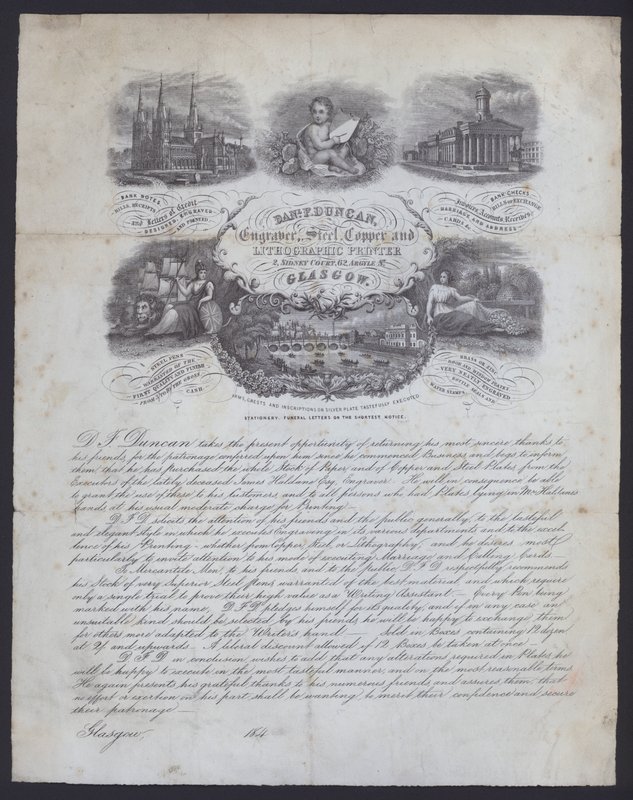 Anúncio para gravadora e impressora litográfica, Daniel F Duncan de Glasgow (litho) de European School
