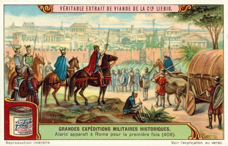 Alaric, Rei dos Visigodos, chega às portas de Roma pela primeira vez, 408 (chromolitho) de European School