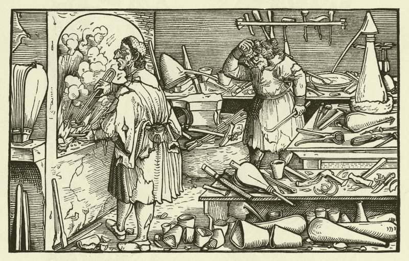 Laboratório do alquimista no século XVI (xilogravura) de European School