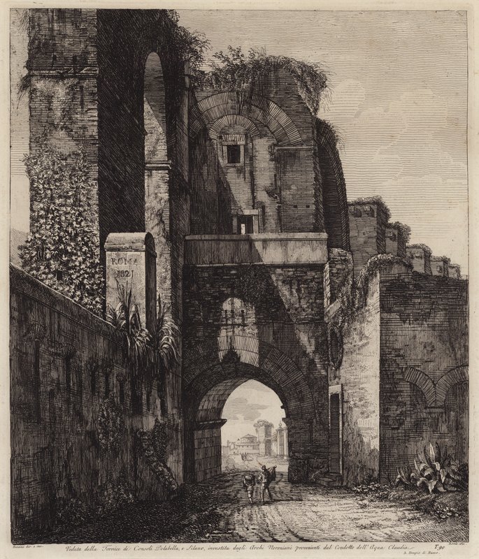 Arcos dos cônsules Dolabella e Silanus encerrados dentro dos arcos neronianos da Acqua Claudia, Roma, Itália (gravura) de European School