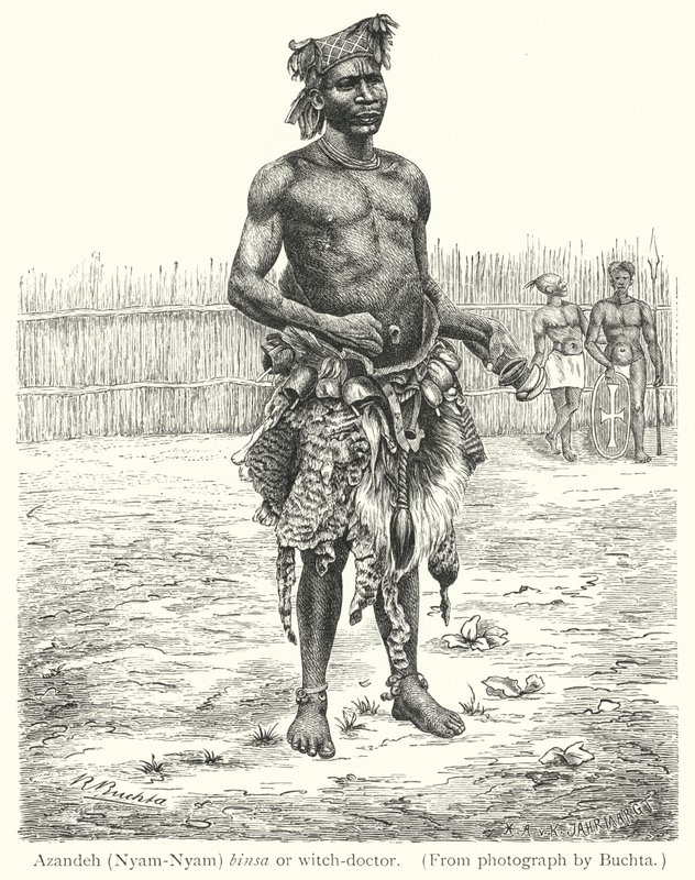Azandeh (Nyam-Nyam) binsa ou bruxo-médico (gravura) de European School