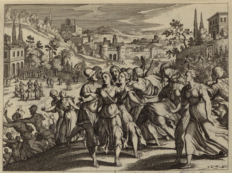 Benjamitas transportando as mulheres de Shiloh para serem suas esposas (gravura) de European School