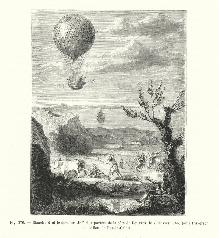 Blanchard e Doutor Jefferies deixam a costa de Dover, em 7 de janeiro de 1785, para atravessar o Pas-de-Calais por balão (gravura) de European School