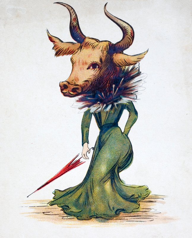 Corpo de mulher com cabeça de touro (litografia a cores) de European School