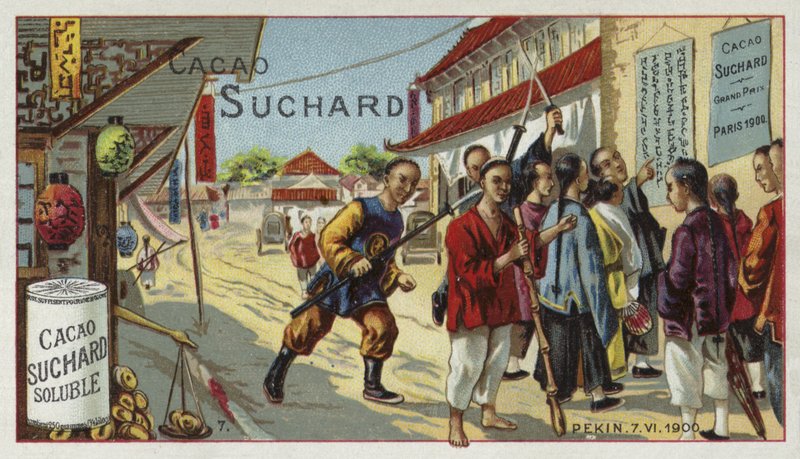 Boxers em uma rua em Pequim, China, Boxer Rebellion, 7 de junho de 1900 de European School