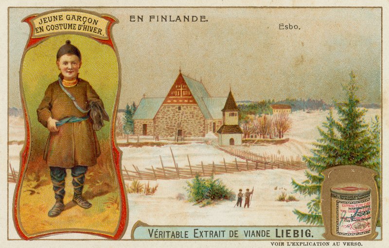 Menino vestido para o inverno e a cidade de Esbo de European School