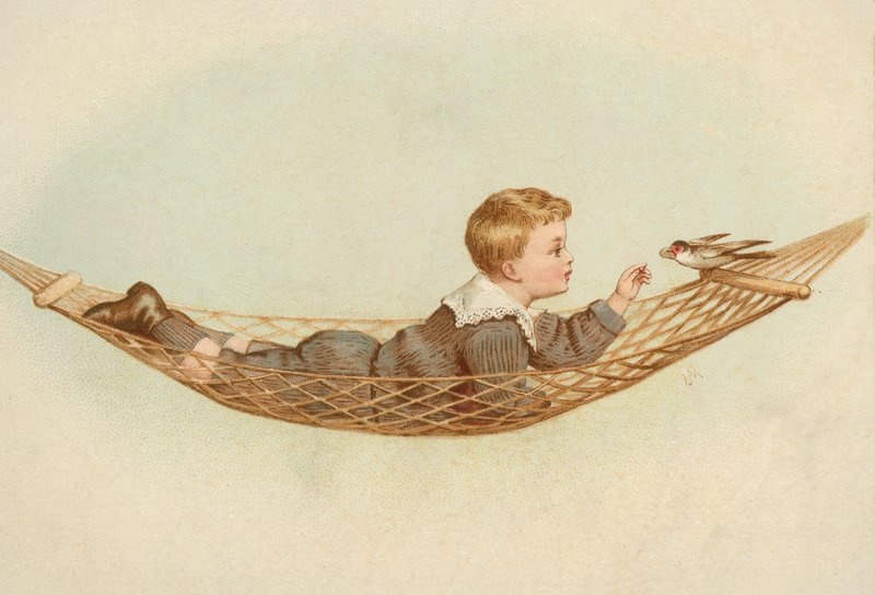 Rapaz deitado numa rede a alimentar um pássaro (cromolitho) de European School
