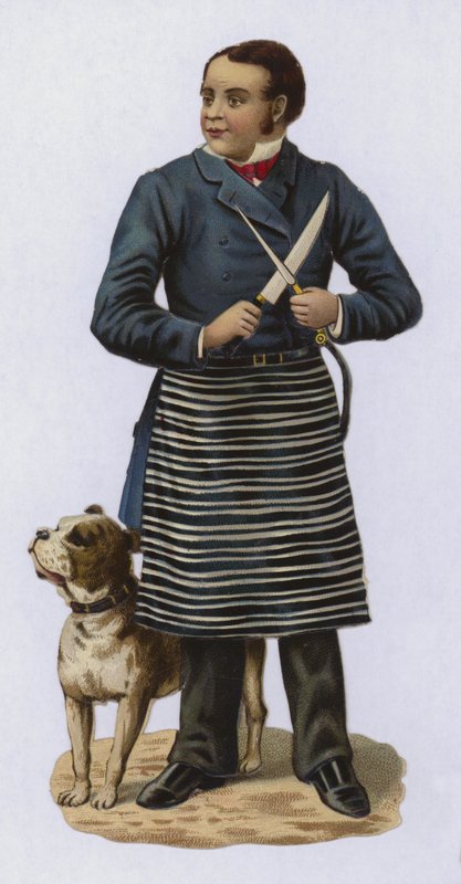 Açougueiro, faca de afiar, com cachorro de European School