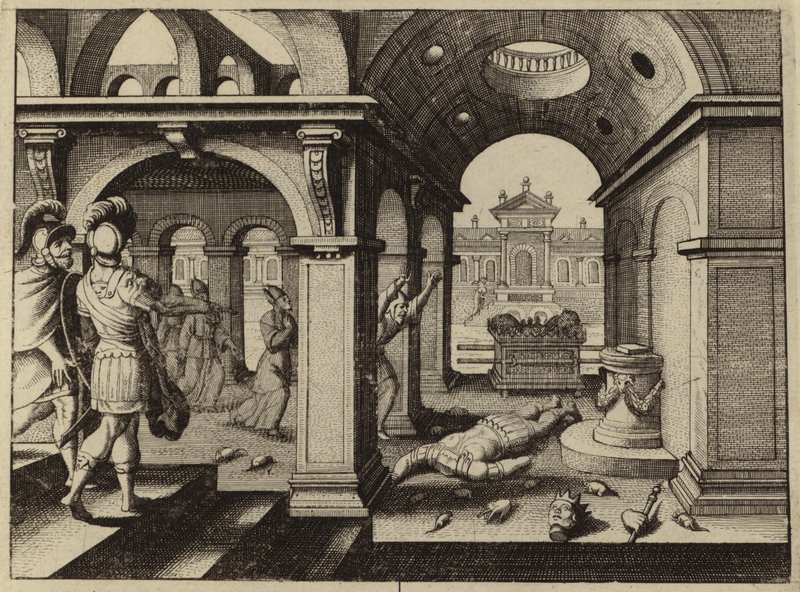 Arca da Aliança capturada no Templo Filisteu de Dagon (gravura) de European School