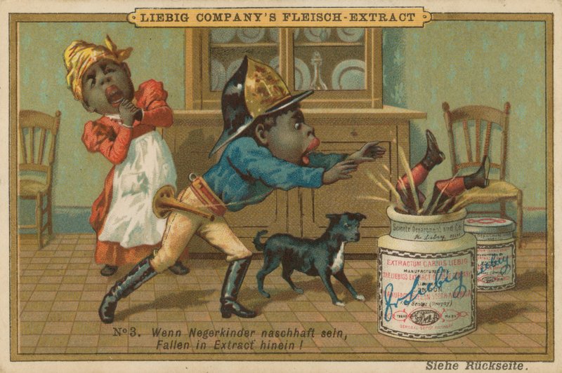 Cartoon Africano cai em jarra de extrato de carne de Leibig de European School