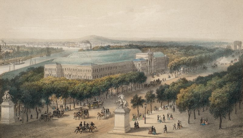 Campos Elíseos e Palácio da Indústria construídos para a Exposição Universal de 1855, Paris, França (litografia a cores) de European School