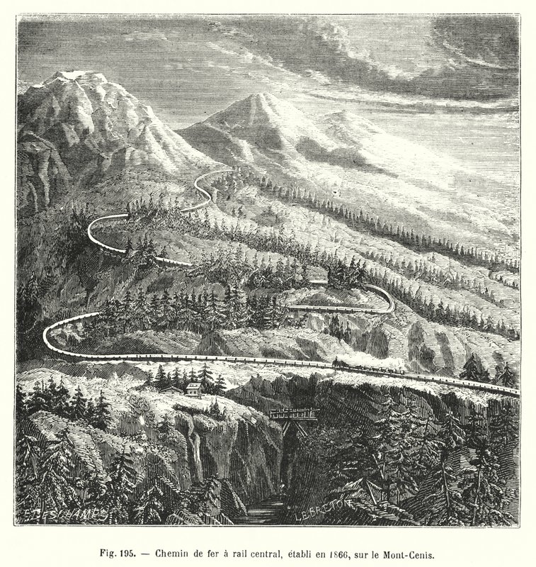 Ferrovia Central, criada em 1866, no Mont-Cenis (gravura) de European School