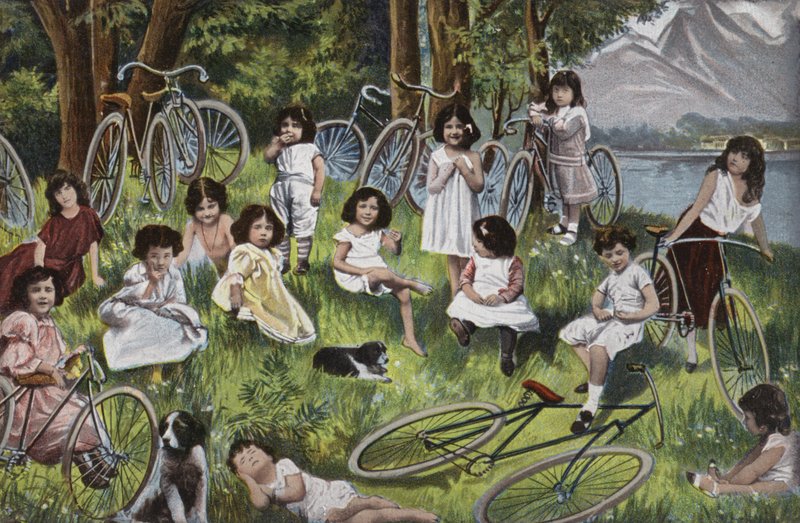 Crianças e bicicletas junto a um lago na Europa (litografia a cores) de European School