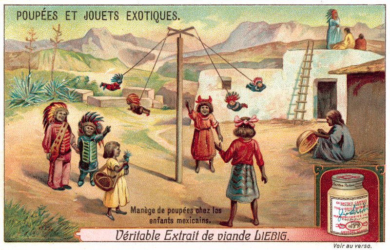 Crianças no México brincando com bonecas em um carrossel (chromolitho) de European School