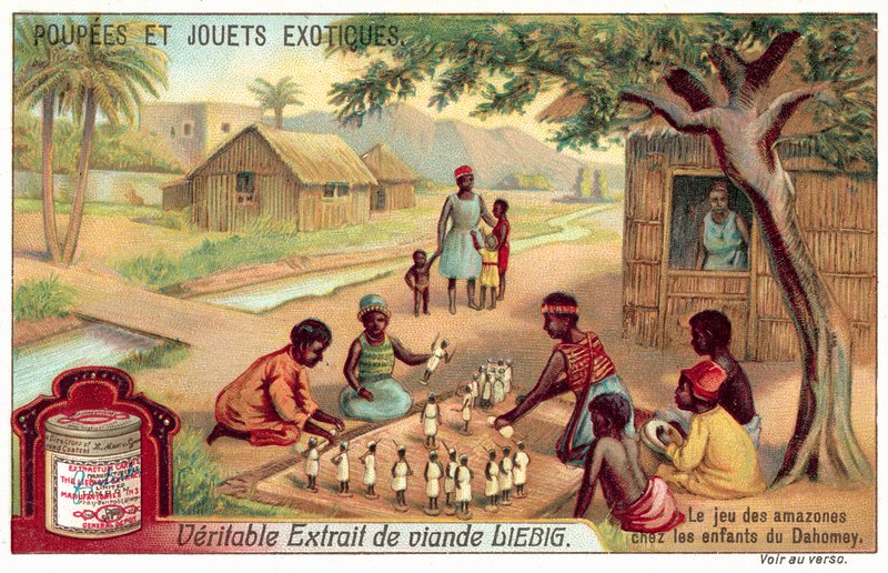 Crianças jogando um jogo de amazonas em Dahomey (chromolitho) de European School
